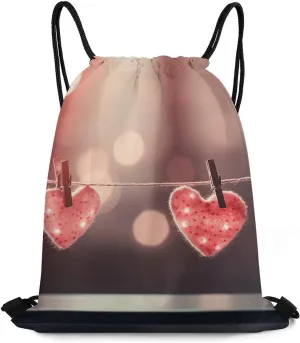 Drawstring Backpack Sport Gym Bag Water Resistant Sackpack Hanging Heart Shape Cinch Bag String Bag for Outdoor, 35*42cm
