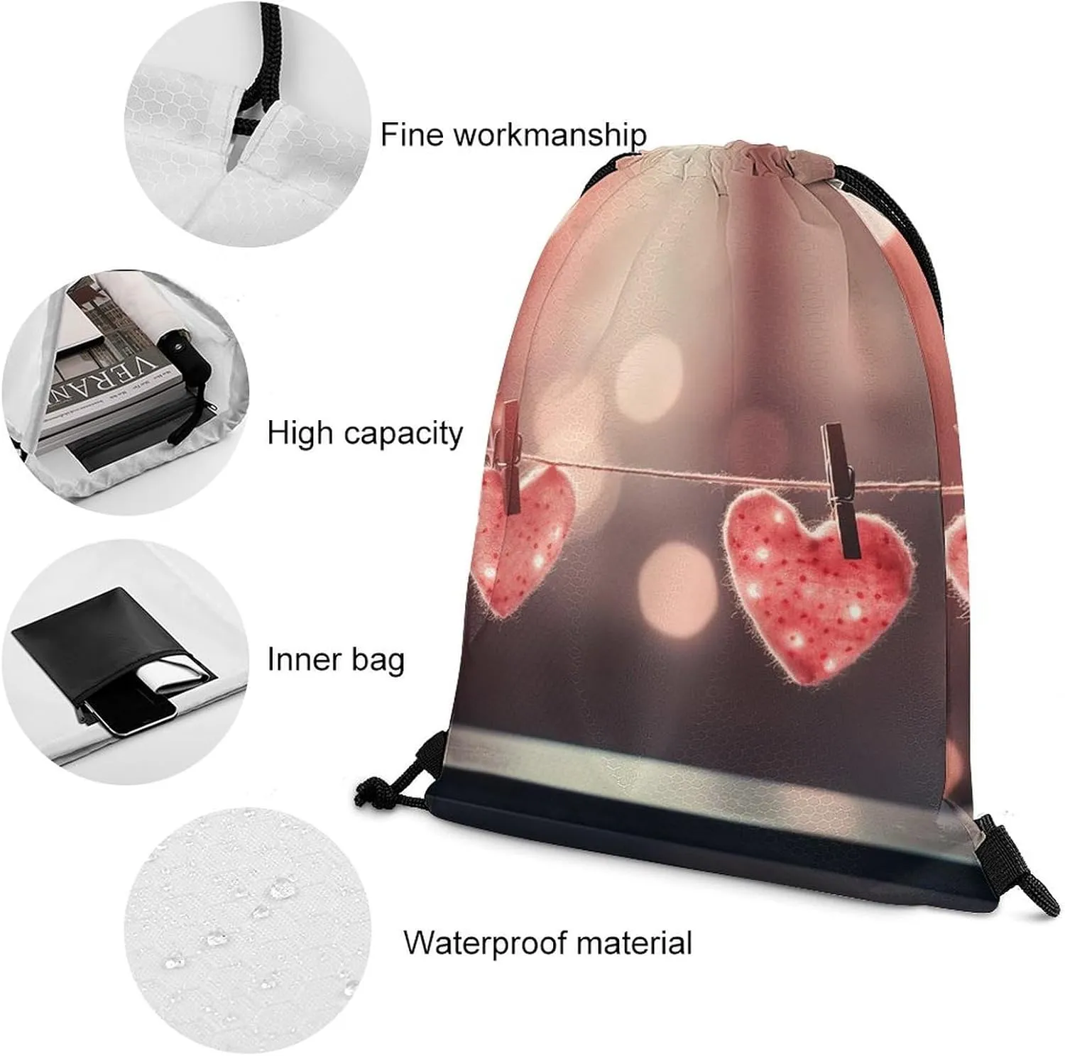 Drawstring Backpack Sport Gym Bag Water Resistant Sackpack Hanging Heart Shape Cinch Bag String Bag for Outdoor, 35*42cm