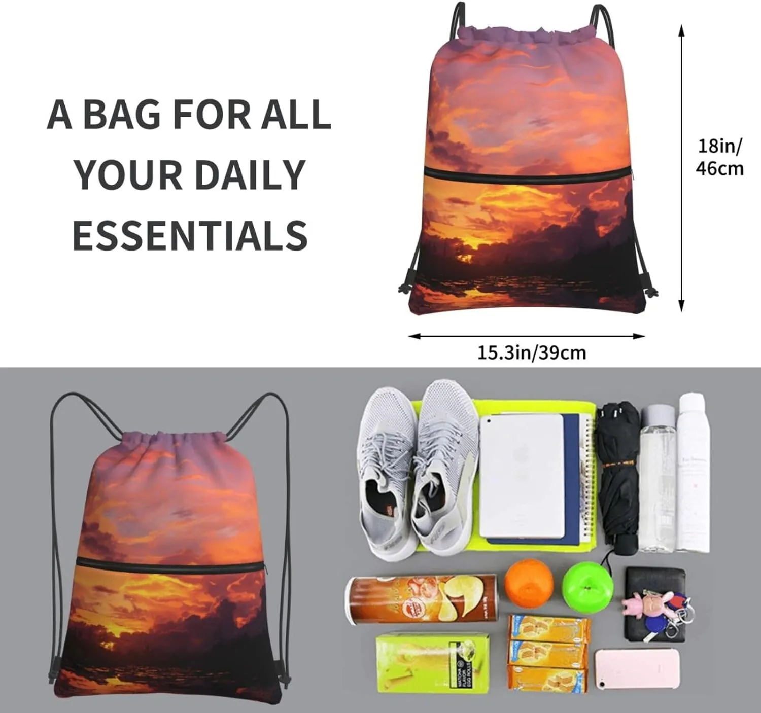 Drawstring Bag Gym Sack Drawstring Backpack Sport Gym Sack Cinch Bag Park at Sunset Sport Bags for Travel, Sunset at Dusk, One Size