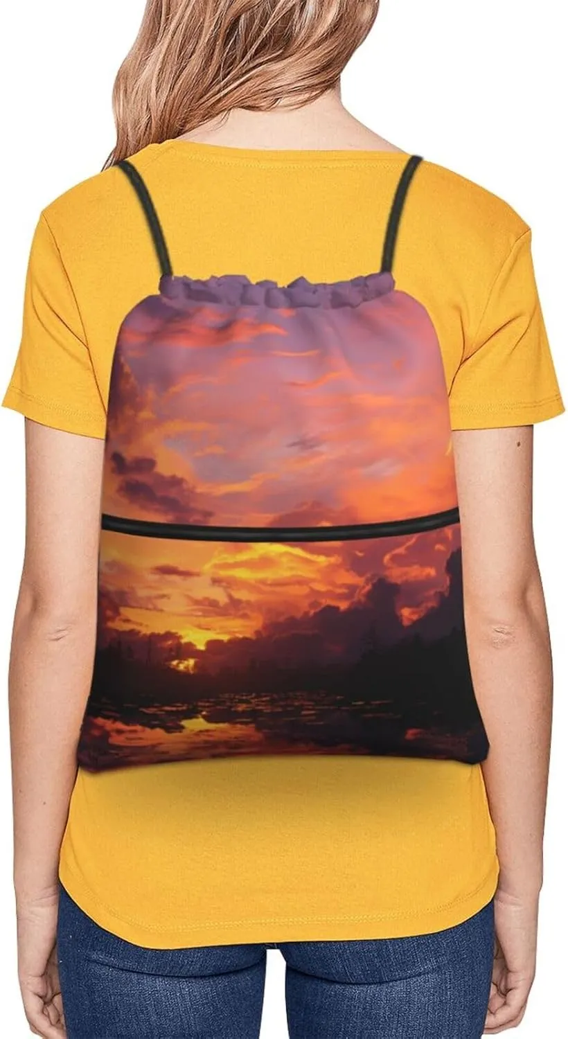 Drawstring Bag Gym Sack Drawstring Backpack Sport Gym Sack Cinch Bag Park at Sunset Sport Bags for Travel, Sunset at Dusk, One Size