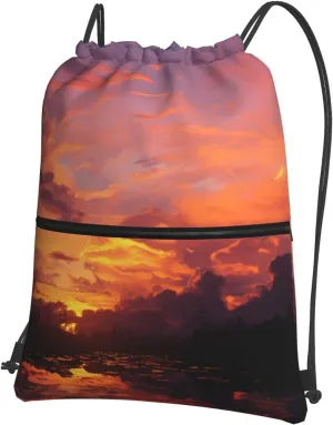 Drawstring Bag Gym Sack Drawstring Backpack Sport Gym Sack Cinch Bag Park at Sunset Sport Bags for Travel, Sunset at Dusk, One Size