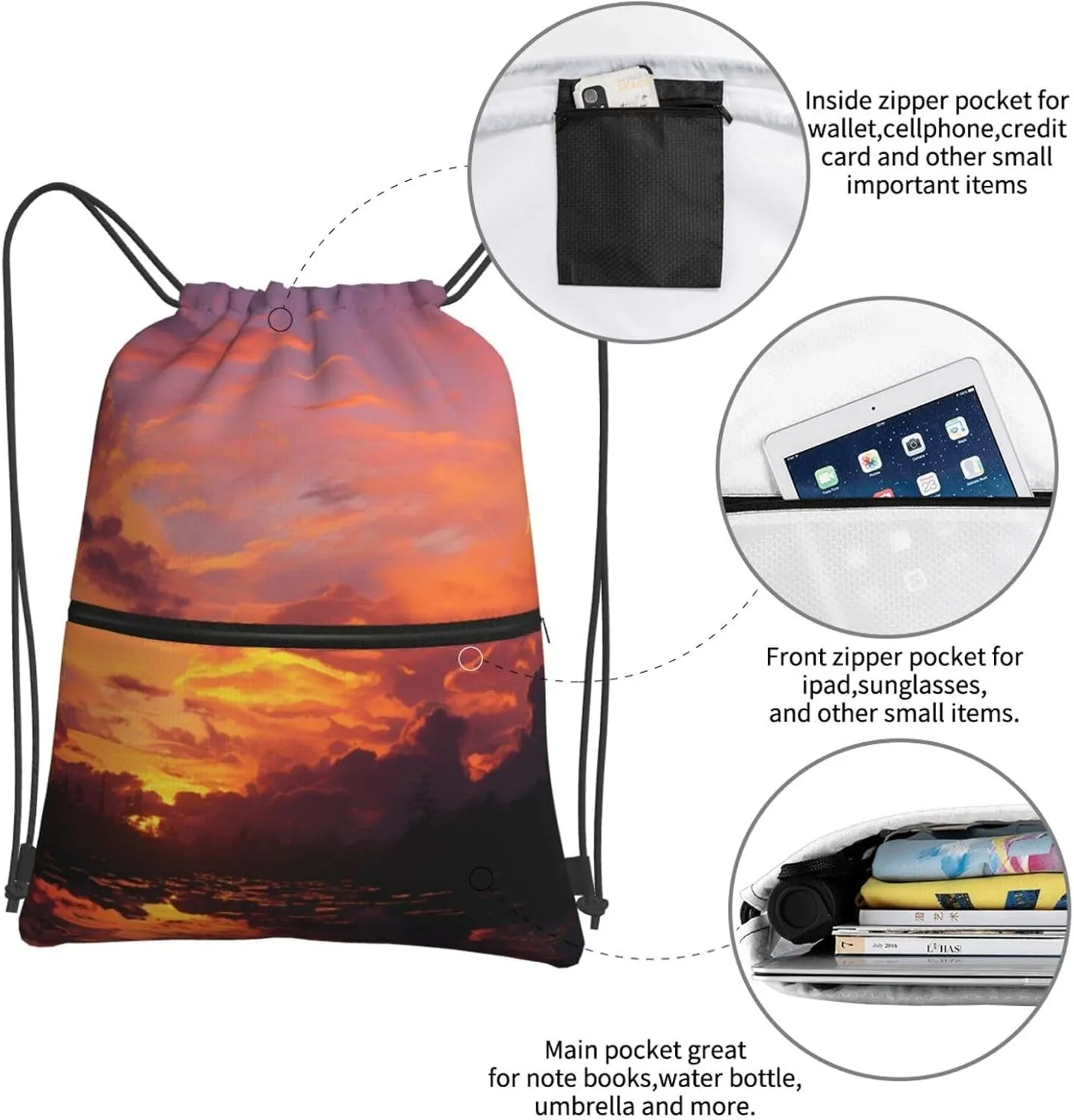 Drawstring Bag Gym Sack Drawstring Backpack Sport Gym Sack Cinch Bag Park at Sunset Sport Bags for Travel, Sunset at Dusk, One Size