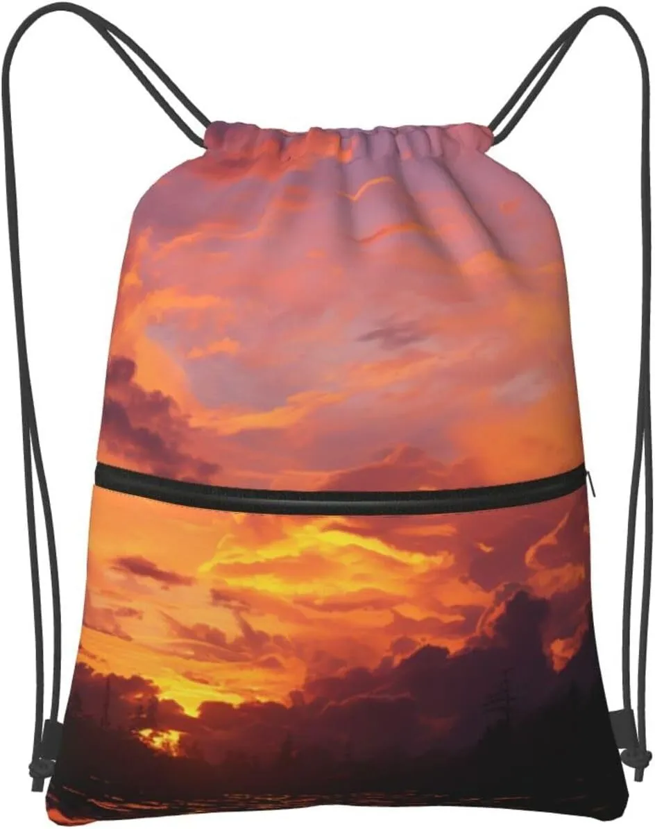 Drawstring Bag Gym Sack Drawstring Backpack Sport Gym Sack Cinch Bag Park at Sunset Sport Bags for Travel, Sunset at Dusk, One Size