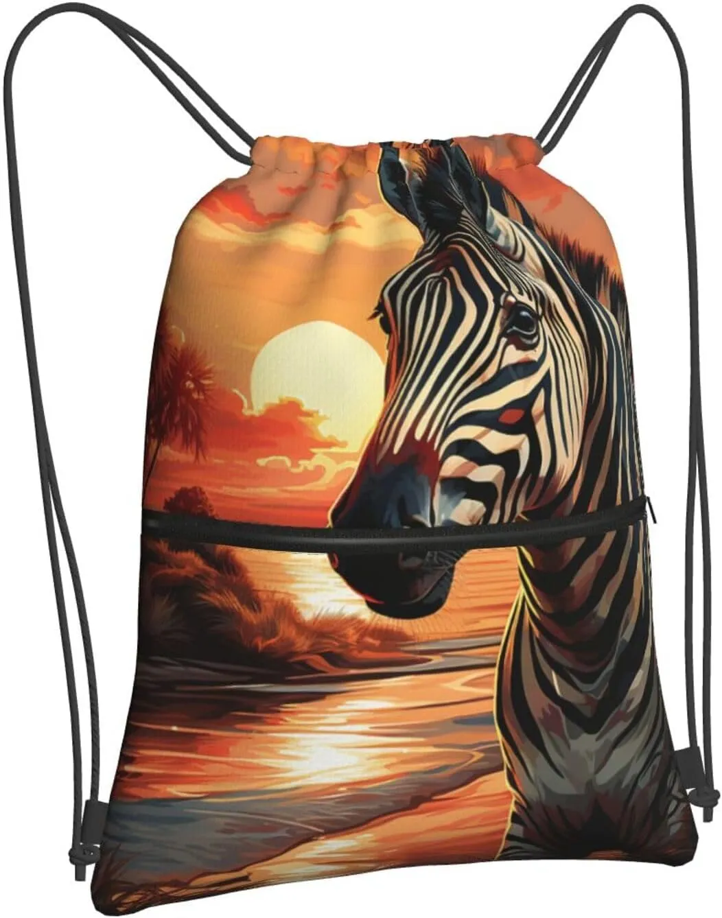 Drawstring Bag Gym Sack Drawstring Backpack Sport Gym Sack Cinch Bag Wolf Head Pattern Sport Bags for Travel, Sunset Zebra, One Size