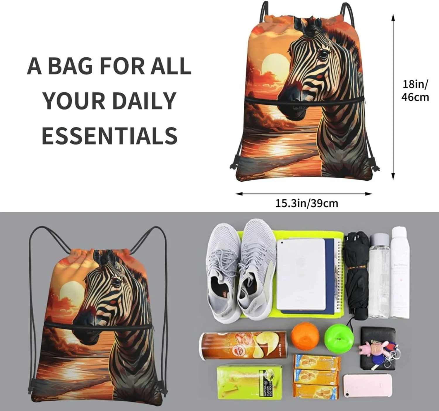 Drawstring Bag Gym Sack Drawstring Backpack Sport Gym Sack Cinch Bag Wolf Head Pattern Sport Bags for Travel, Sunset Zebra, One Size