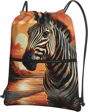Drawstring Bag Gym Sack Drawstring Backpack Sport Gym Sack Cinch Bag Wolf Head Pattern Sport Bags for Travel, Sunset Zebra, One Size