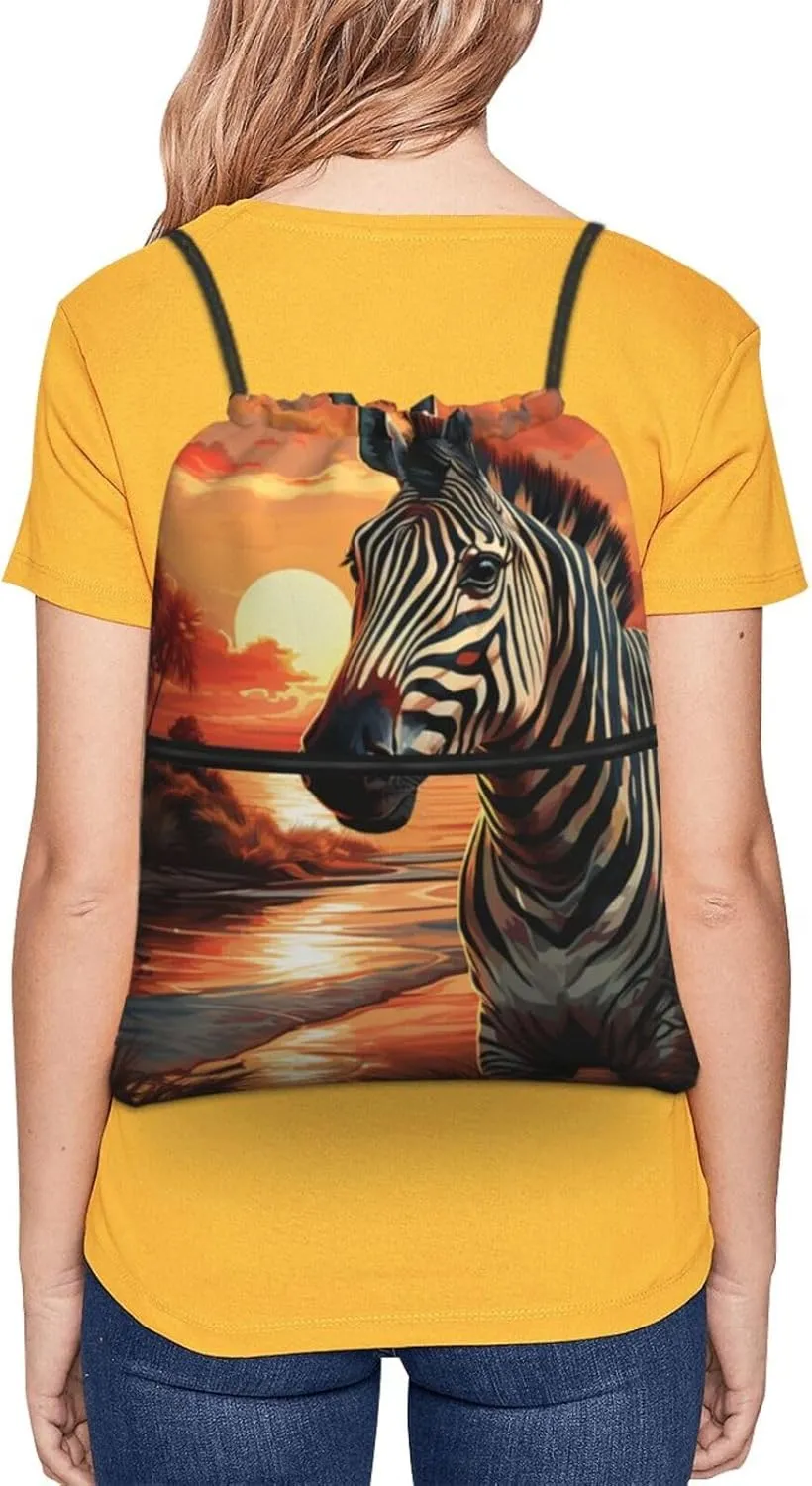 Drawstring Bag Gym Sack Drawstring Backpack Sport Gym Sack Cinch Bag Wolf Head Pattern Sport Bags for Travel, Sunset Zebra, One Size