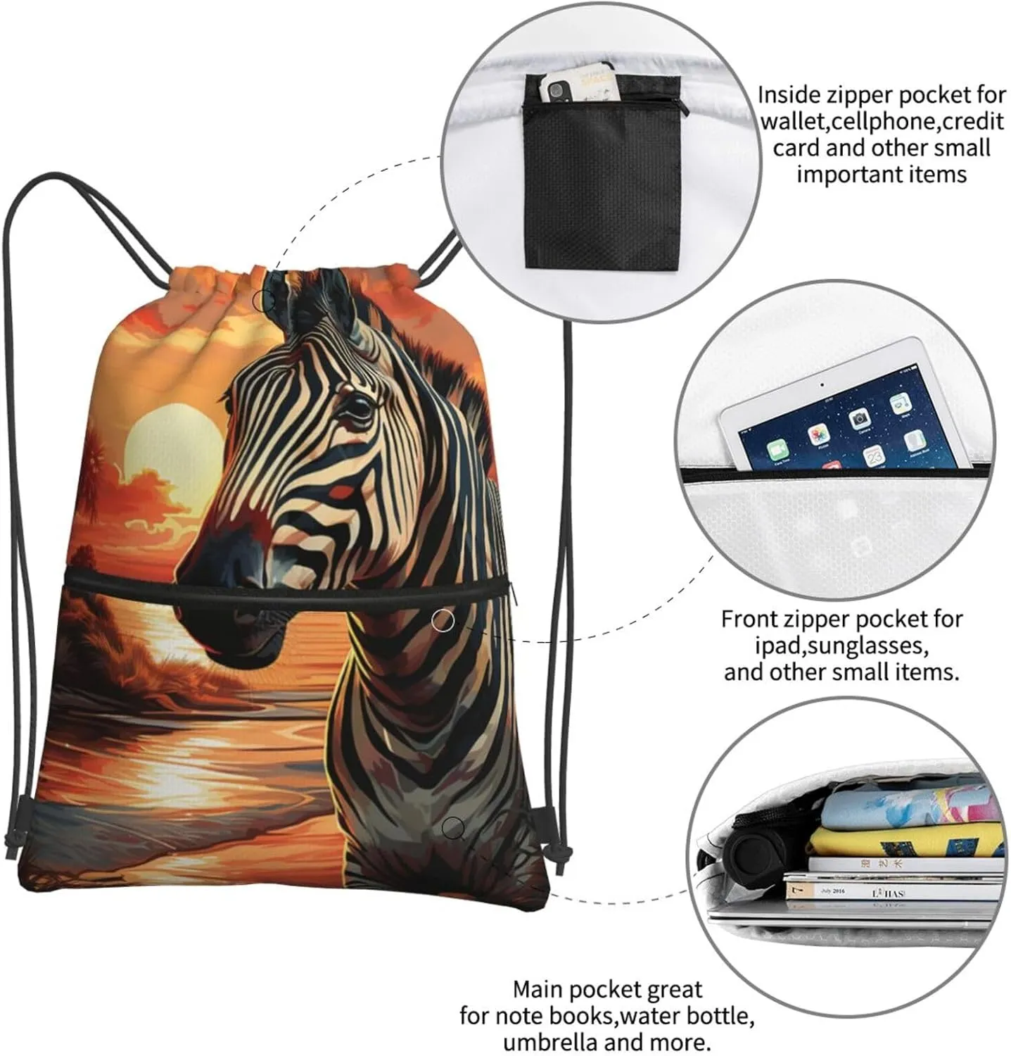Drawstring Bag Gym Sack Drawstring Backpack Sport Gym Sack Cinch Bag Wolf Head Pattern Sport Bags for Travel, Sunset Zebra, One Size