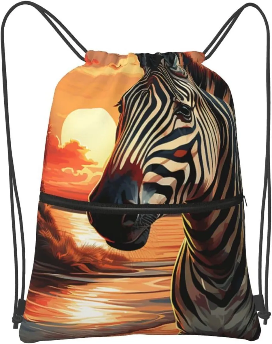 Drawstring Bag Gym Sack Drawstring Backpack Sport Gym Sack Cinch Bag Wolf Head Pattern Sport Bags for Travel, Sunset Zebra, One Size