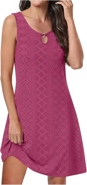 Dresses for Women 2024 Elegant Hollow Out Sleeveless Solid Eyelet Midi Dress Summer Casual Tank Sundress Beach Party