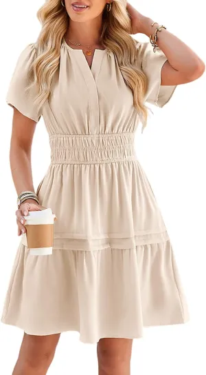 Duigluw Dresses for Women 2025 Casual Summer Short Sleeve V Neck Beach Mini A-Line Ruffle Flowy Dress