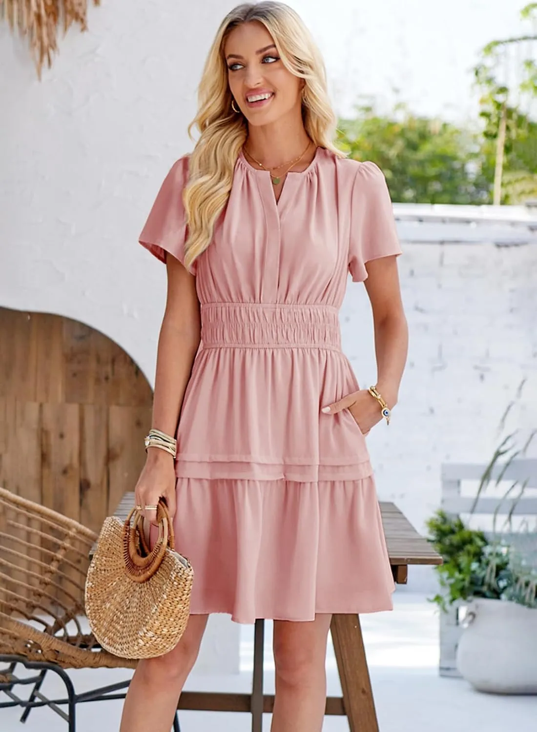 Duigluw Dresses for Women 2025 Casual Summer Short Sleeve V Neck Beach Mini A-Line Ruffle Flowy Dress