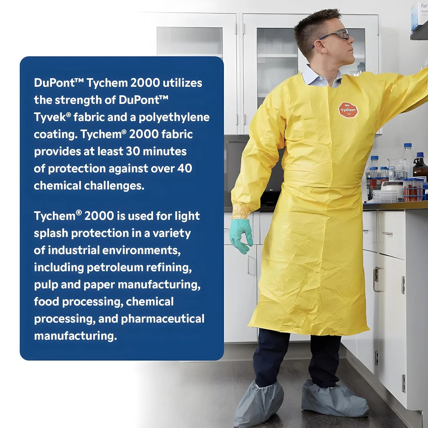 DuPont Tychem 2000 44-Inch Sleeved Apron with Elastic Cuffs, Neck Loop, Snaps, Waist Ties and Bound Seams, Yellow, 2X-Large, 25-Pack