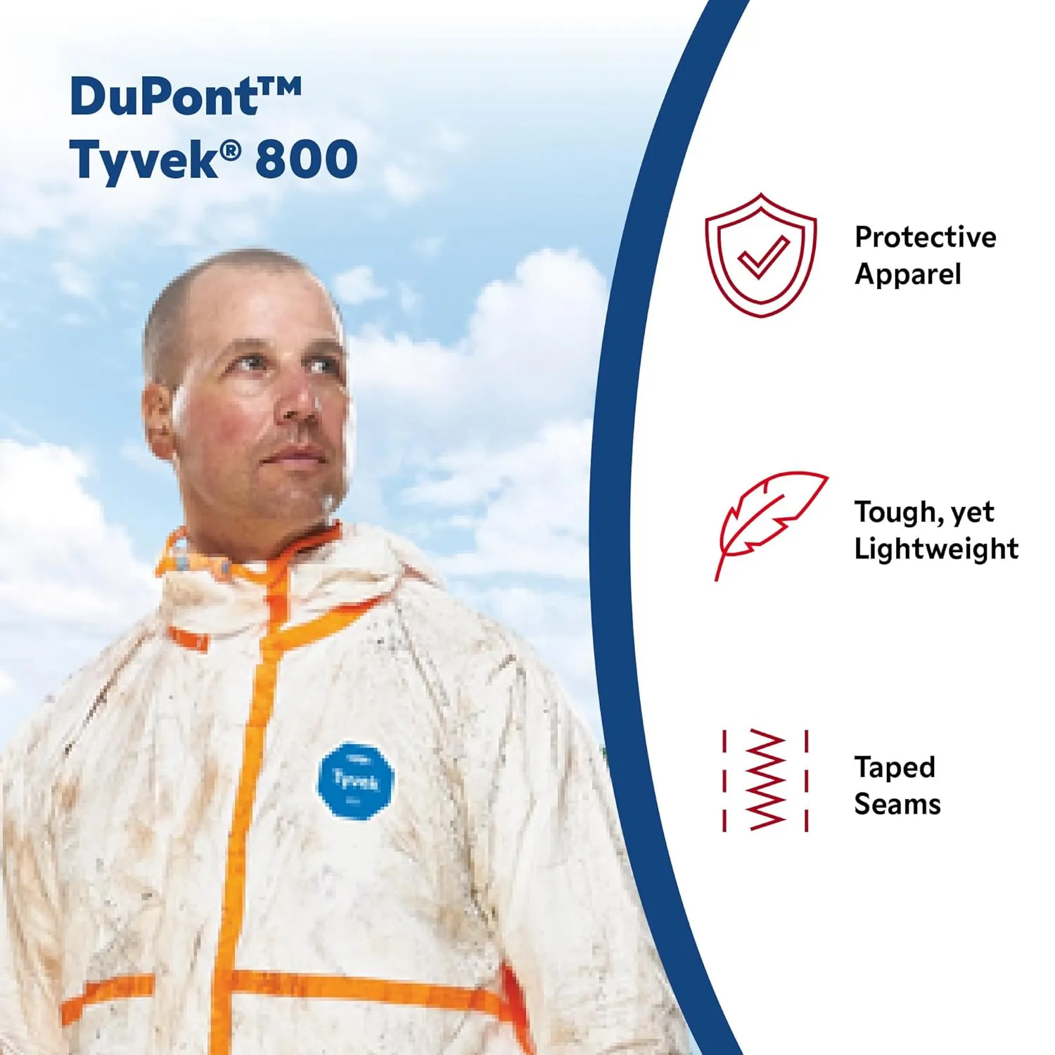 DuPont TYVEK-800J_XL CE-Certified Cat-III Type-3/4/5/6 Chemical Protective Coverall Suit with Sealed Bag, White, X-Large
