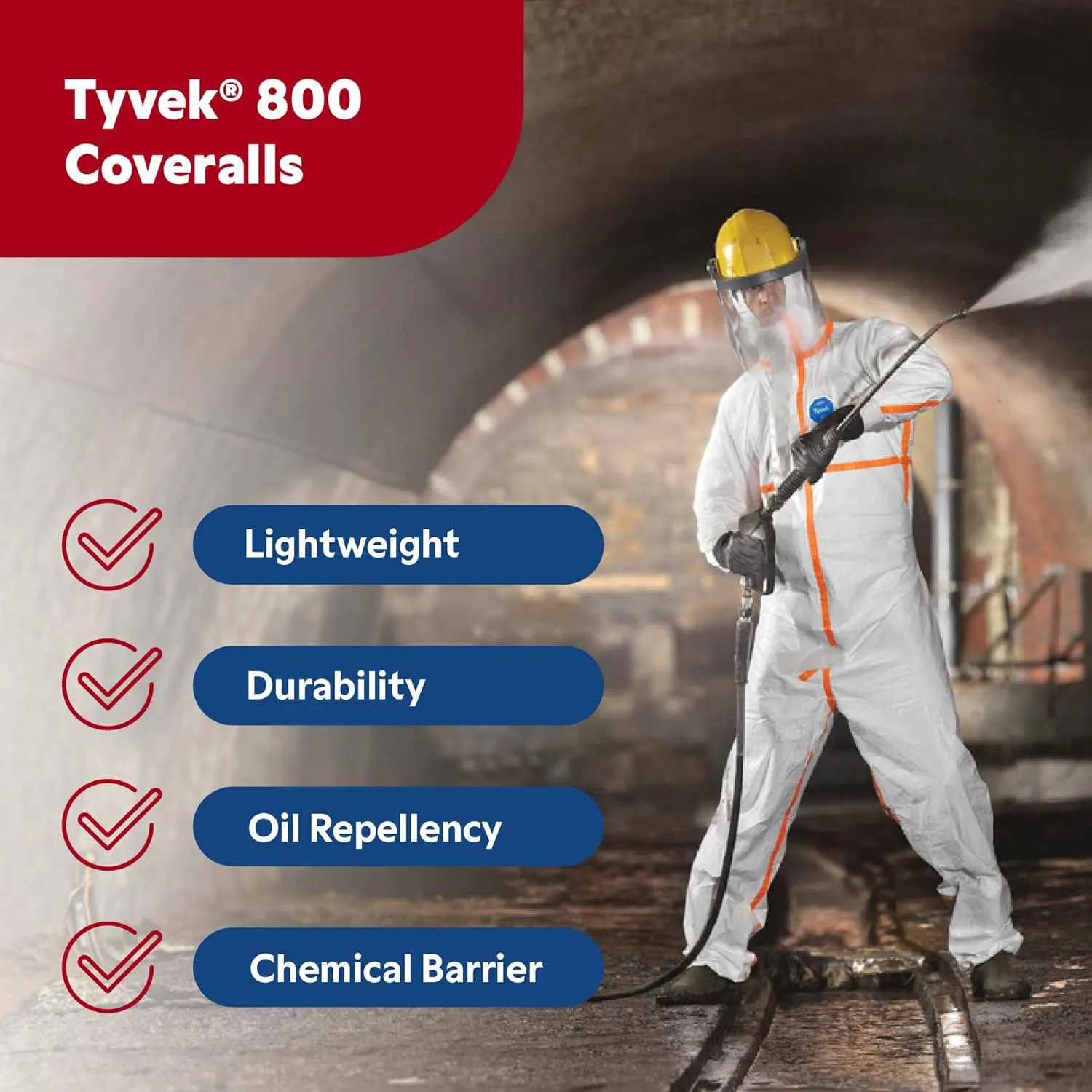 DuPont TYVEK-800J_XL CE-Certified Cat-III Type-3/4/5/6 Chemical Protective Coverall Suit with Sealed Bag, White, X-Large
