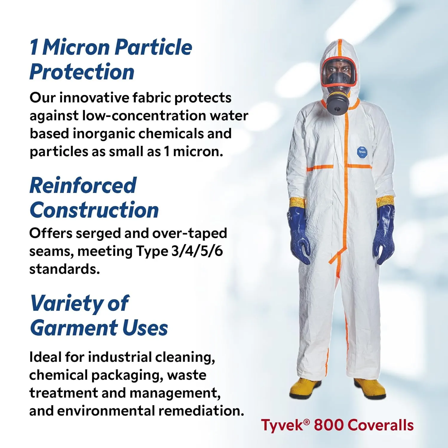DuPont TYVEK-800J_XL CE-Certified Cat-III Type-3/4/5/6 Chemical Protective Coverall Suit with Sealed Bag, White, X-Large