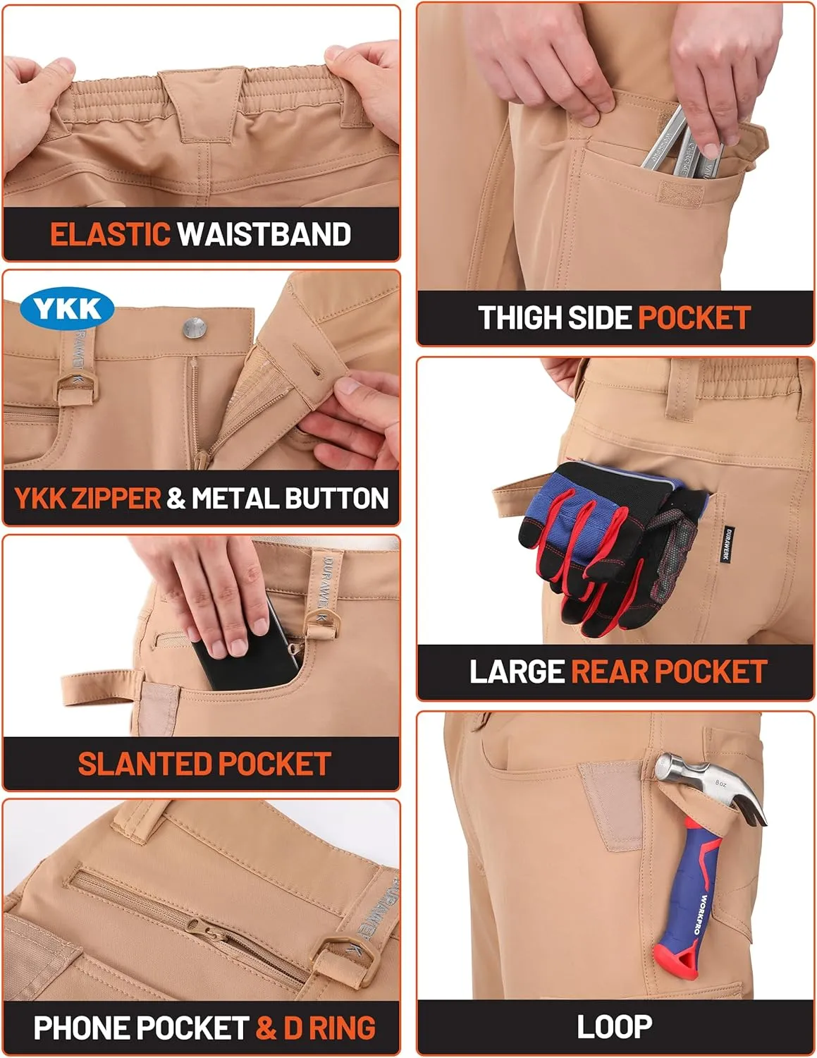 DURAWERK Men's 4-Way Stretch Cargo Pants, Work Pants, Durable Tactical Pants, Lightweight EDC Hiking Pants for Outdoor
