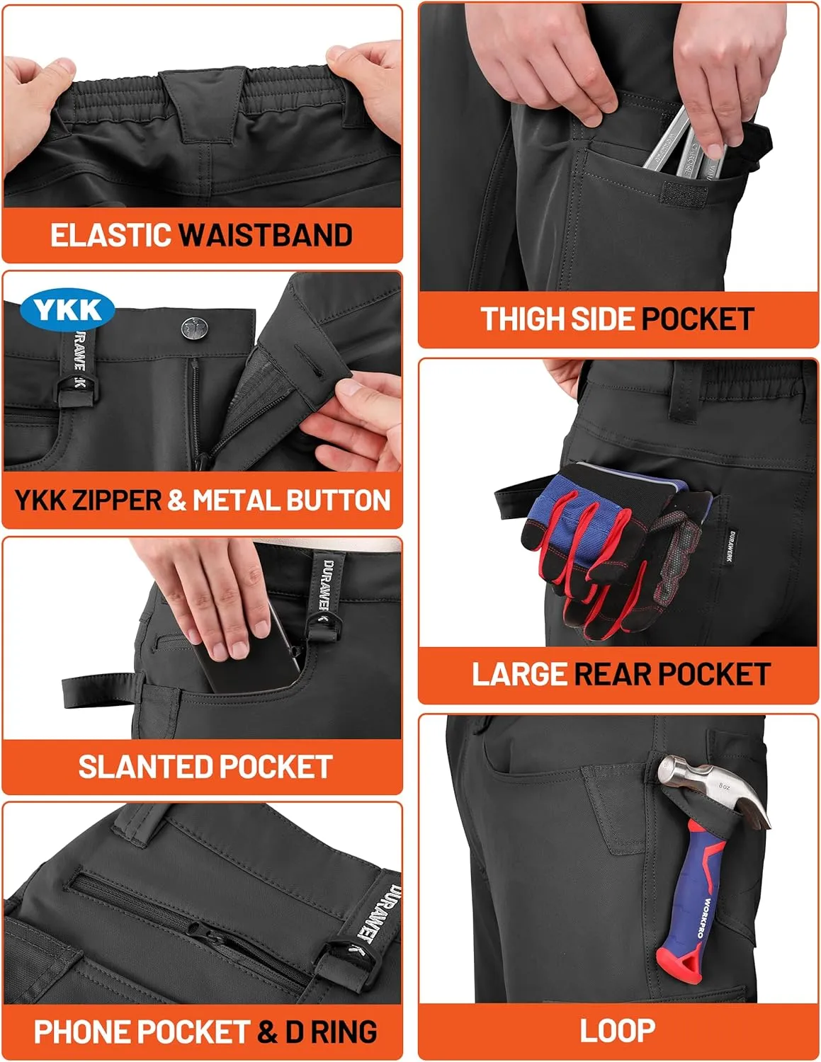 DURAWERK Men's 4-Way Stretch Cargo Pants, Work Pants, Durable Tactical Pants, Lightweight EDC Hiking Pants for Outdoor