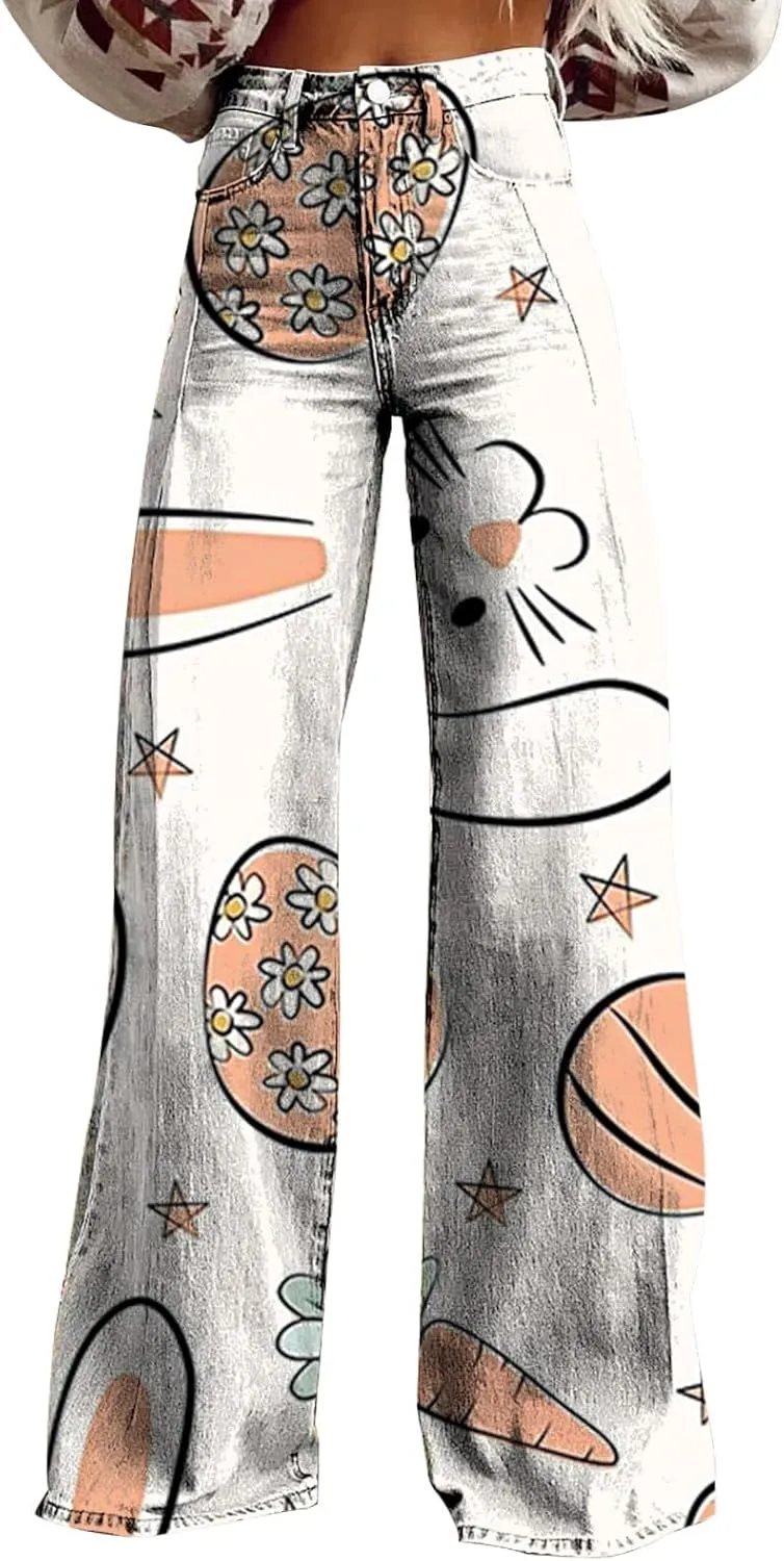 Easter Jeans Women 2025 High Rise Cute Print Trousure Wide Leg Loose Y2K Baggy Straight Denim Pants with Pockets