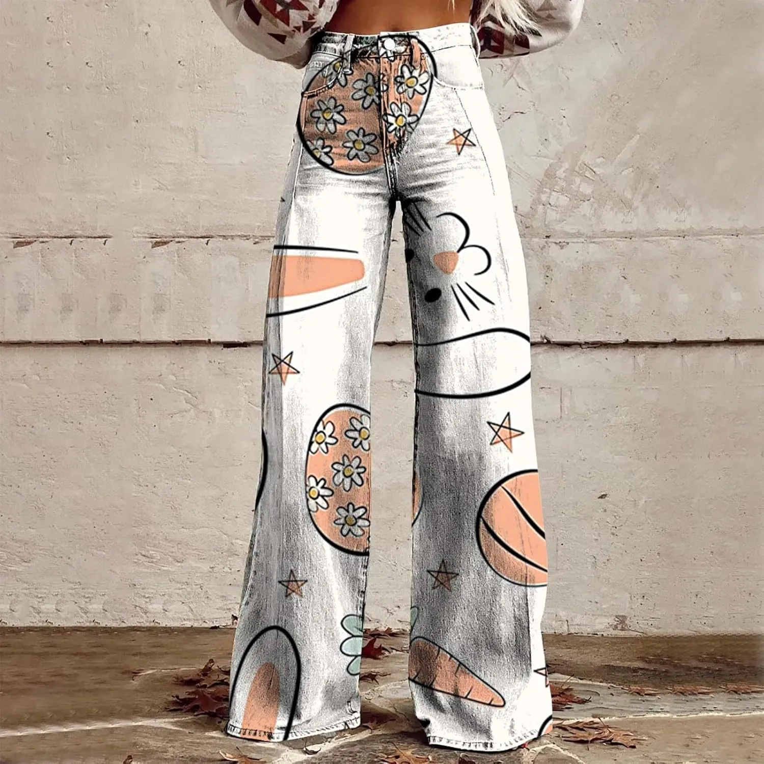 Easter Jeans Women 2025 High Rise Cute Print Trousure Wide Leg Loose Y2K Baggy Straight Denim Pants with Pockets
