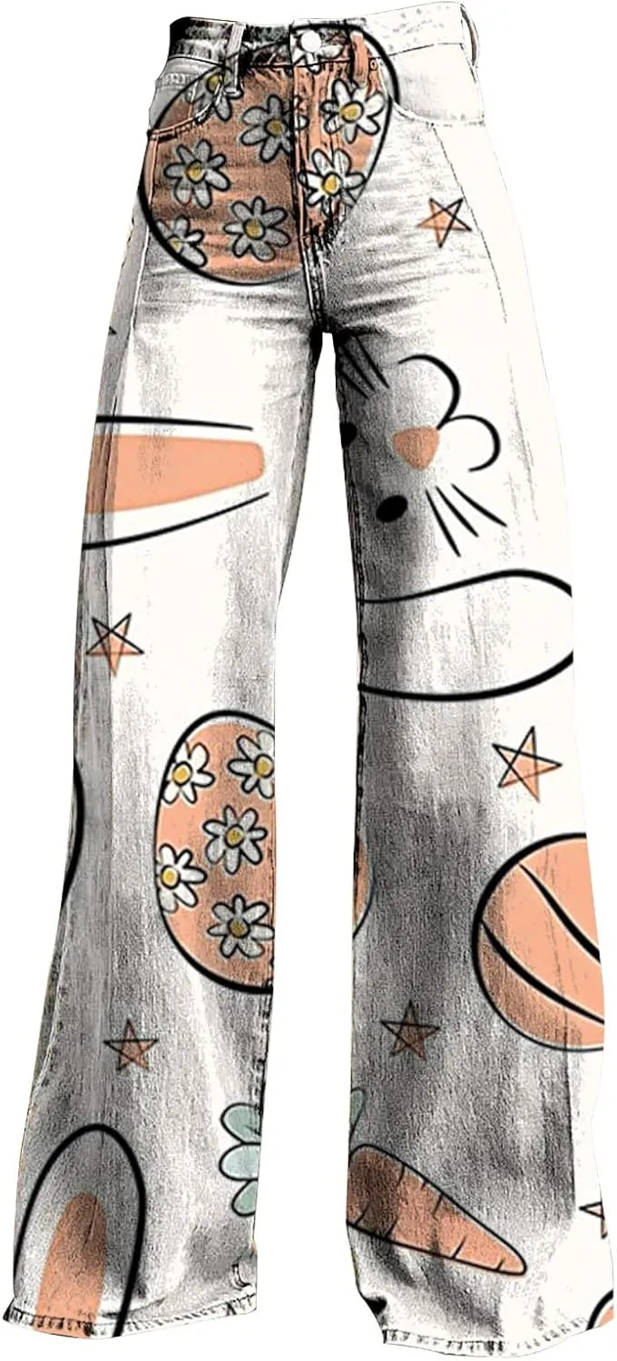 Easter Jeans Women 2025 High Rise Cute Print Trousure Wide Leg Loose Y2K Baggy Straight Denim Pants with Pockets