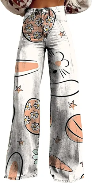 Easter Jeans Women 2025 High Rise Cute Print Trousure Wide Leg Loose Y2K Baggy Straight Denim Pants with Pockets