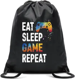 Eat Sleep Game Repeat Drawstring Waterproof Backpack, Sports Bag for Men & Women, Player Gifts for Game Lovers