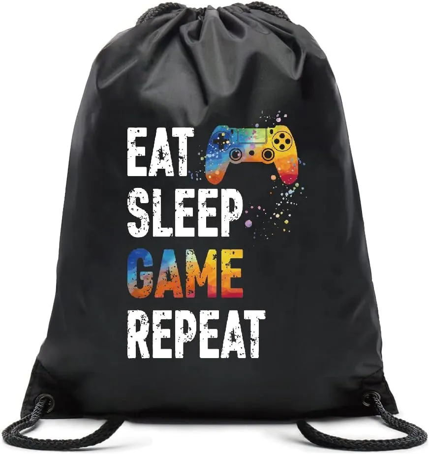 Eat Sleep Game Repeat Drawstring Waterproof Backpack, Sports Bag for Men & Women, Player Gifts for Game Lovers