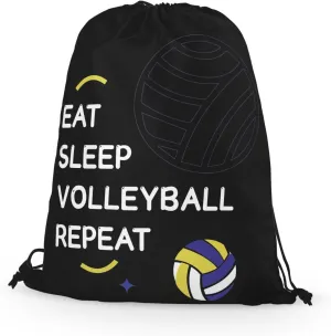 Eat Sleep Volleyball Repeat Drawstring Backpack Bag - Gifts for Volleyball Players, Women, Men - Black