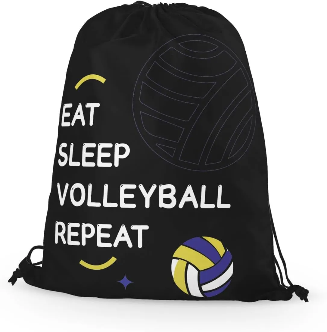 Eat Sleep Volleyball Repeat Drawstring Backpack Bag - Gifts for Volleyball Players, Women, Men - Black