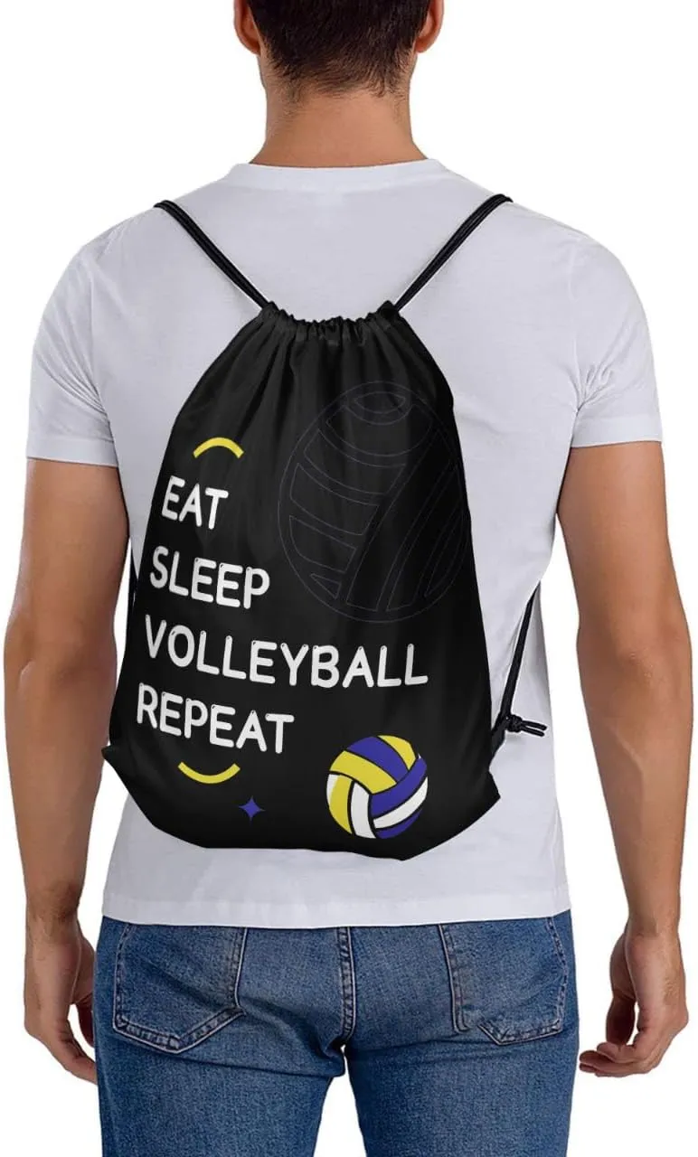 Eat Sleep Volleyball Repeat Drawstring Backpack Bag - Gifts for Volleyball Players, Women, Men - Black
