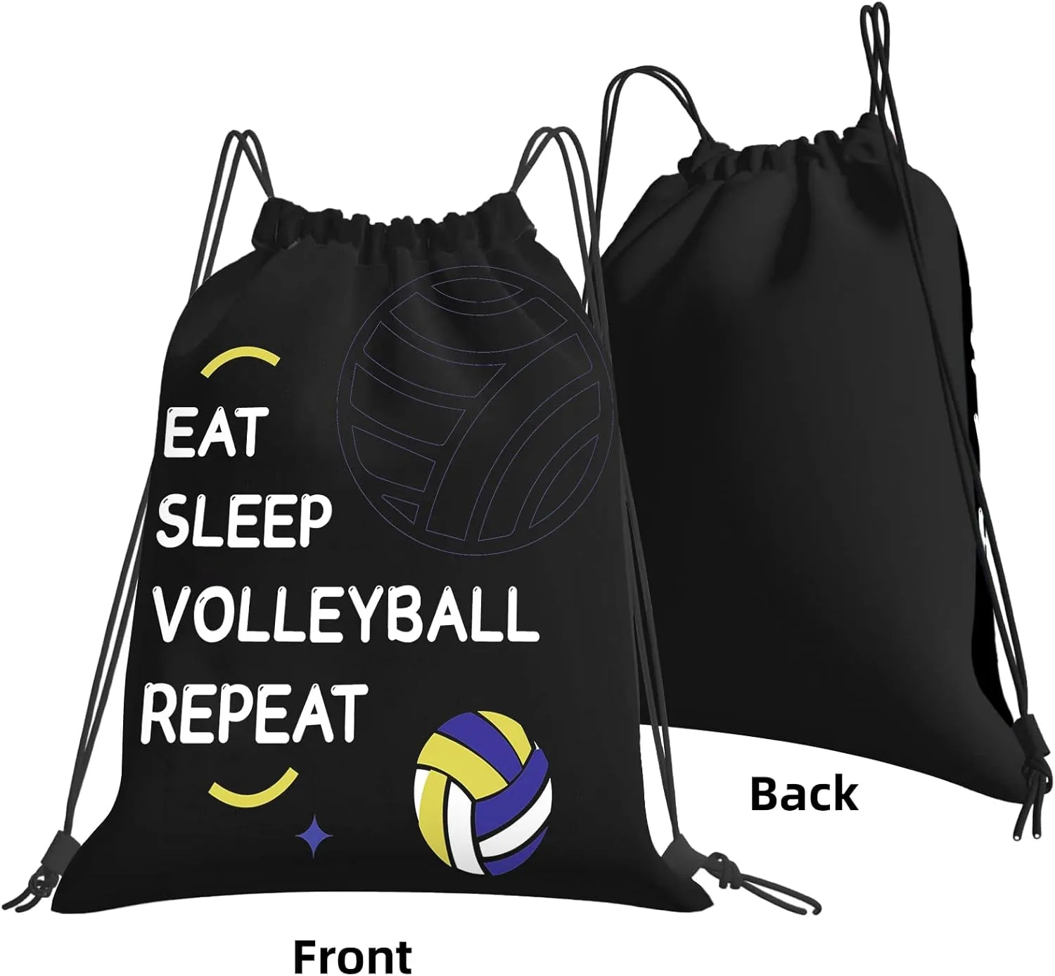 Eat Sleep Volleyball Repeat Drawstring Backpack Bag - Gifts for Volleyball Players, Women, Men - Black