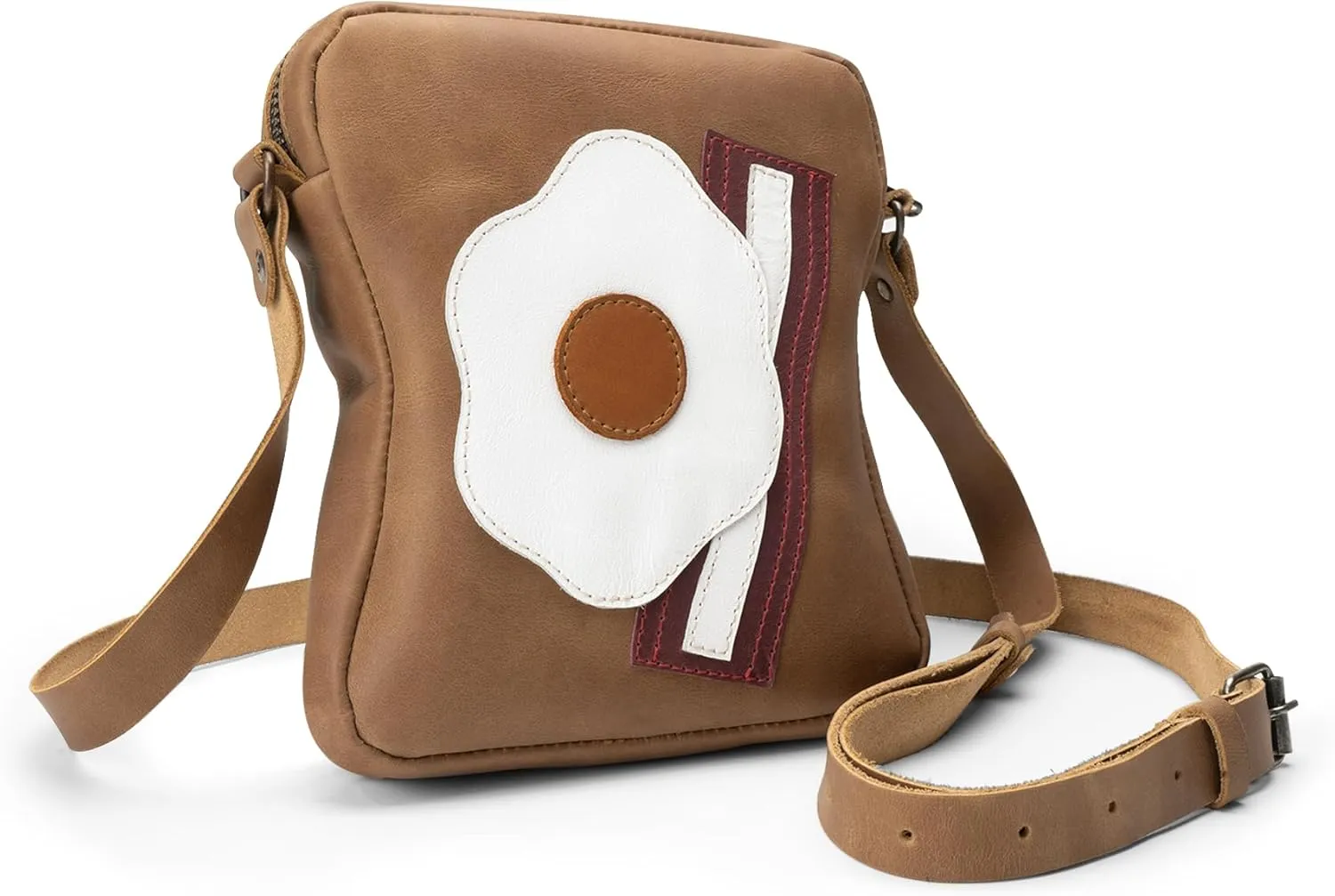 Egg, Bacon Sandwich-Shaped Shoulder Bag, Handbag, Crossbody Bag, Messenger Bag with Adjustable Strap, Full Grain Leather, Handmade, Single Malt Mahogany