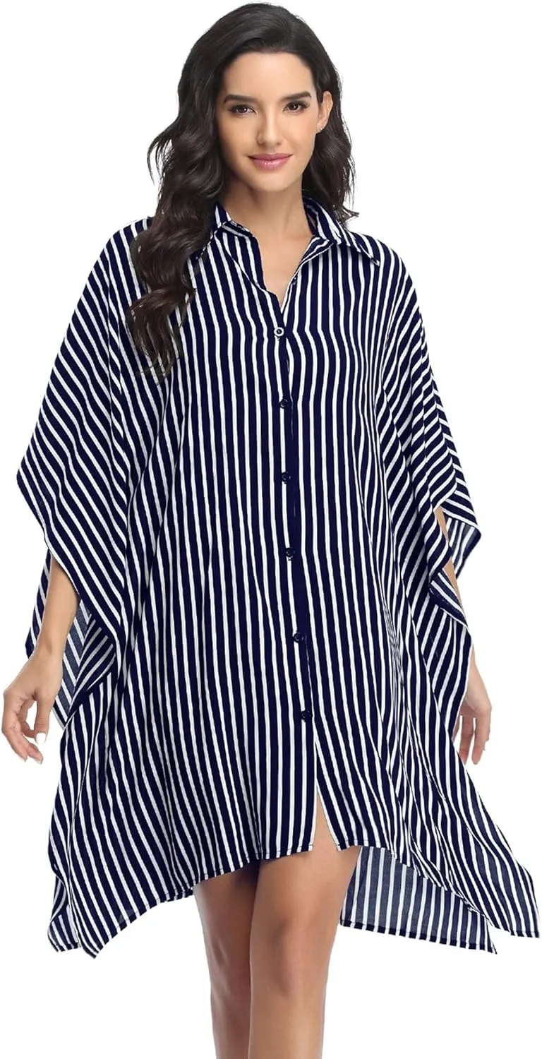 Ekouaer Women's Swimsuit Cover Up 3/4 Sleeve Beachwear Bikini Coverups Button Down Oversized Cover Up Shirt S-3XL