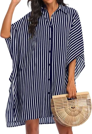 Ekouaer Women's Swimsuit Cover Up 3/4 Sleeve Beachwear Bikini Coverups Button Down Oversized Cover Up Shirt S-3XL