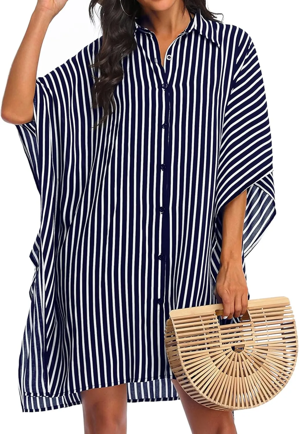 Ekouaer Women's Swimsuit Cover Up 3/4 Sleeve Beachwear Bikini Coverups Button Down Oversized Cover Up Shirt S-3XL