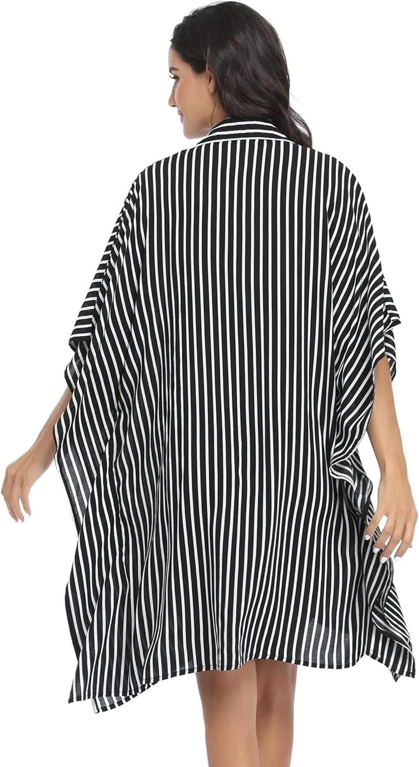 Ekouaer Women's Swimsuit Cover Up 3/4 Sleeve Beachwear Bikini Coverups Button Down Oversized Cover Up Shirt S-3XL