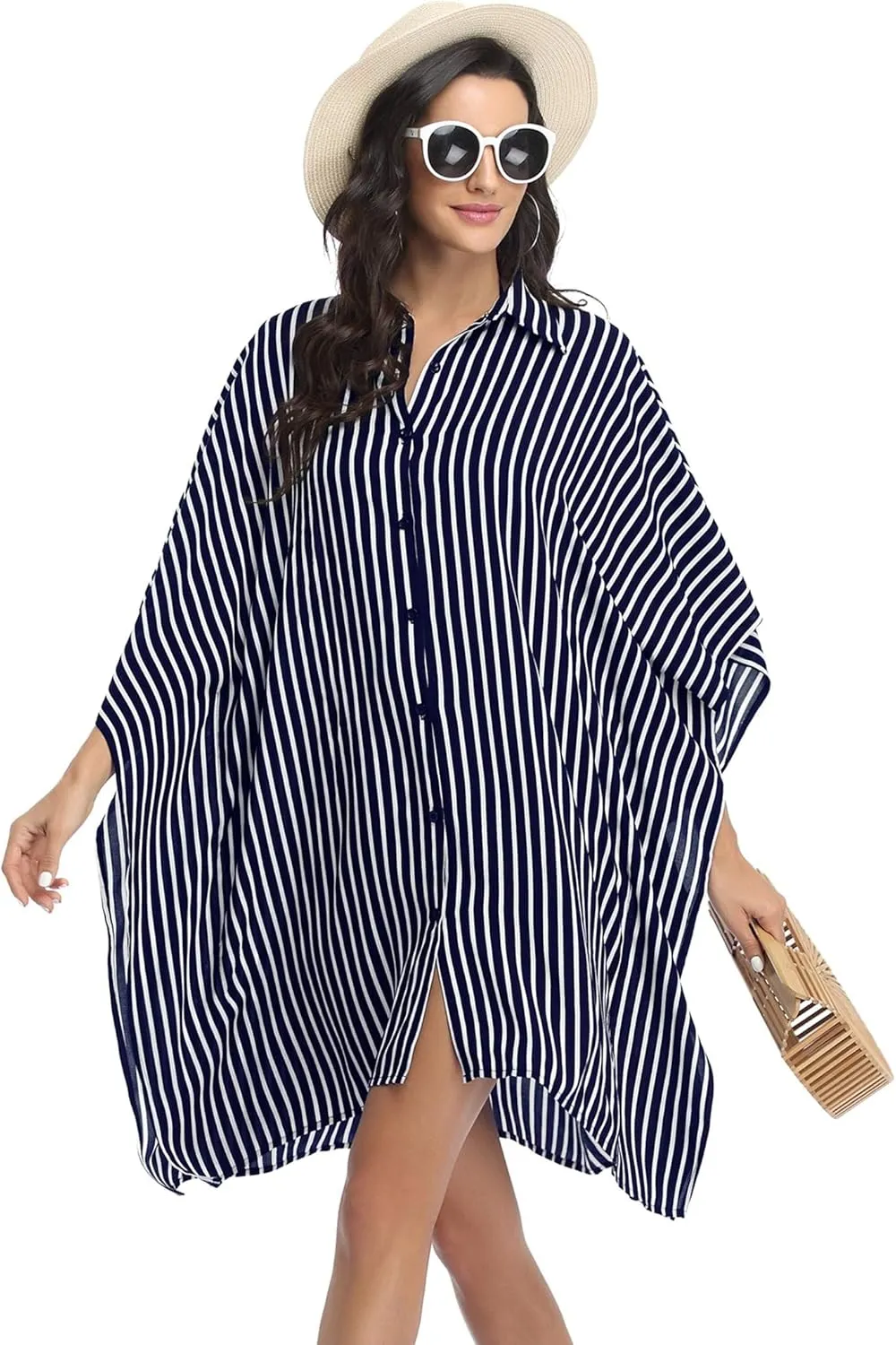 Ekouaer Women's Swimsuit Cover Up 3/4 Sleeve Beachwear Bikini Coverups Button Down Oversized Cover Up Shirt S-3XL