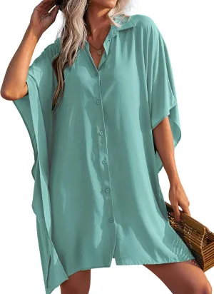 Ekouaer Women's Swimsuit Cover Up 3/4 Sleeve Beachwear Bikini Coverups Button Down Oversized Cover Up Shirt S-3XL