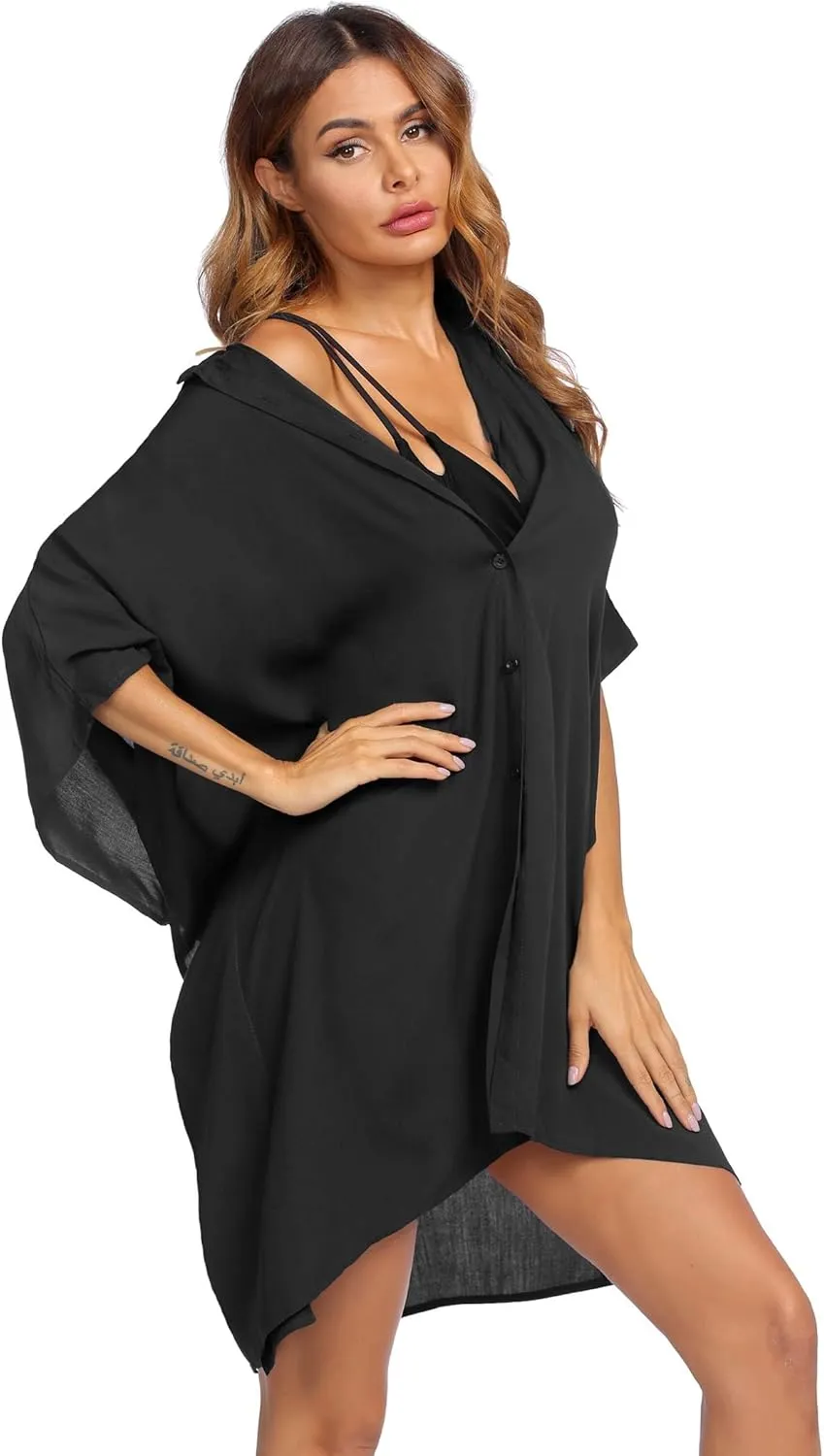 Ekouaer Women's Swimsuit Cover Up 3/4 Sleeve Beachwear Bikini Coverups Button Down Oversized Cover Up Shirt S-3XL
