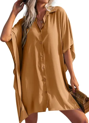 Ekouaer Women's Swimsuit Cover Up 3/4 Sleeve Beachwear Bikini Coverups Button Down Oversized Cover Up Shirt S-3XL