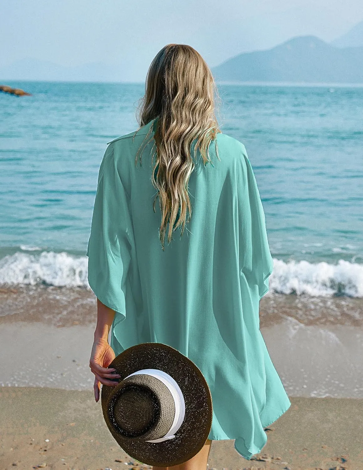 Ekouaer Women's Swimsuit Cover Up 3/4 Sleeve Beachwear Bikini Coverups Button Down Oversized Cover Up Shirt S-3XL