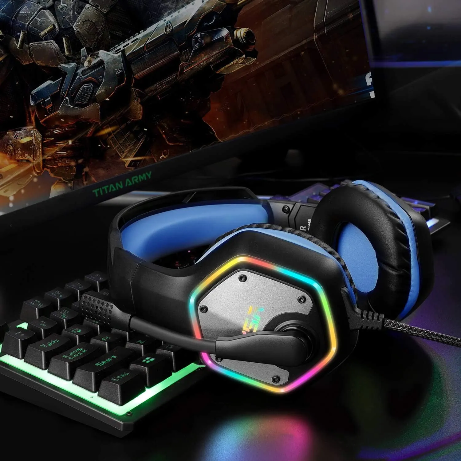 EKSA E1000 Gaming Headset, Computer Headphones with Noise Canceling Mic & RGB Light, 7.1 Surround Sound, Compatible with PC, PS4 PS5 Console, Laptop (Blue)
