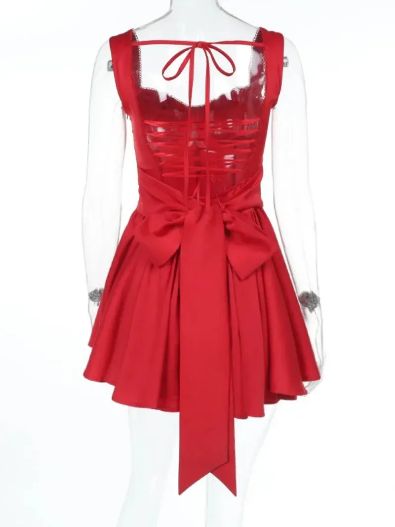 Elegant A-Line Red Party Dress with Lace-Up Back and Bowknot Detail