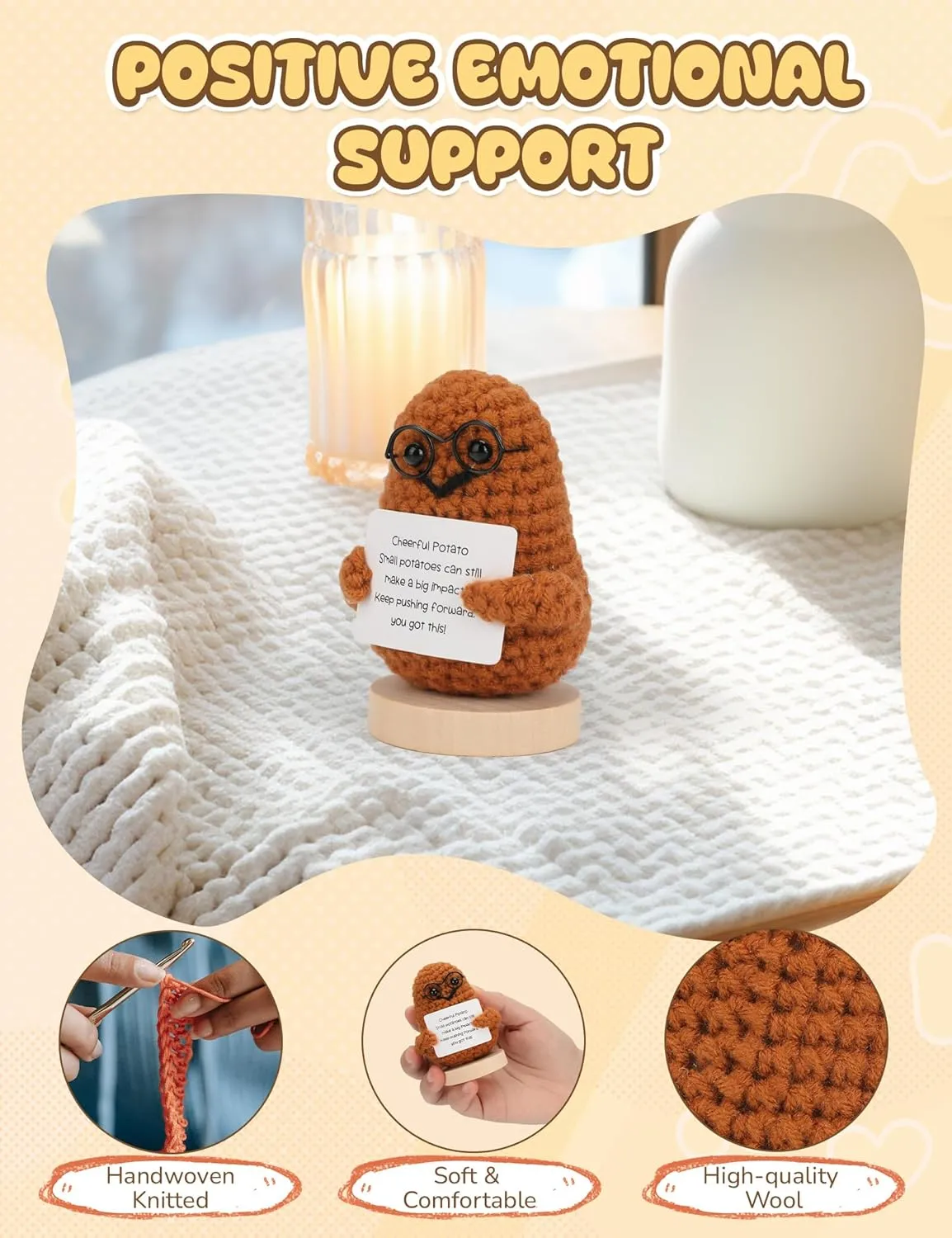 Emotional Support-Nuggets-Positive-Potato, Funny Encouraging Pickle with Base, Mini Cute Knitted Crochet Plush Dolls, Handmade Birthday Gifts from Friend/Family - Orange