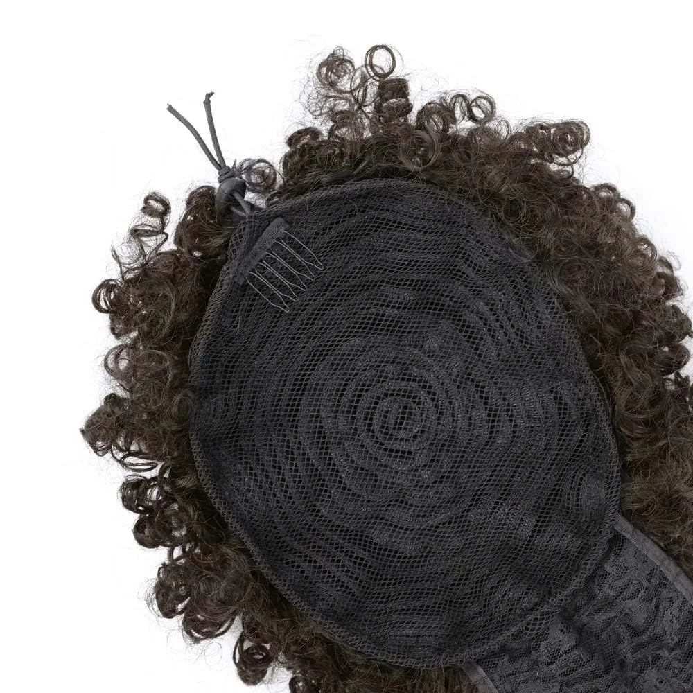 ENTRANCED STYLES Drawstring Ponytail with Bangs Afro Puff Extensions for Women Short Curly Clip in Wrap Updo Hairpiece(2B)