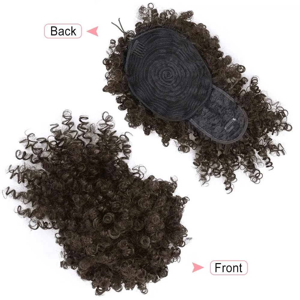 ENTRANCED STYLES Drawstring Ponytail with Bangs Afro Puff Extensions for Women Short Curly Clip in Wrap Updo Hairpiece(2B)