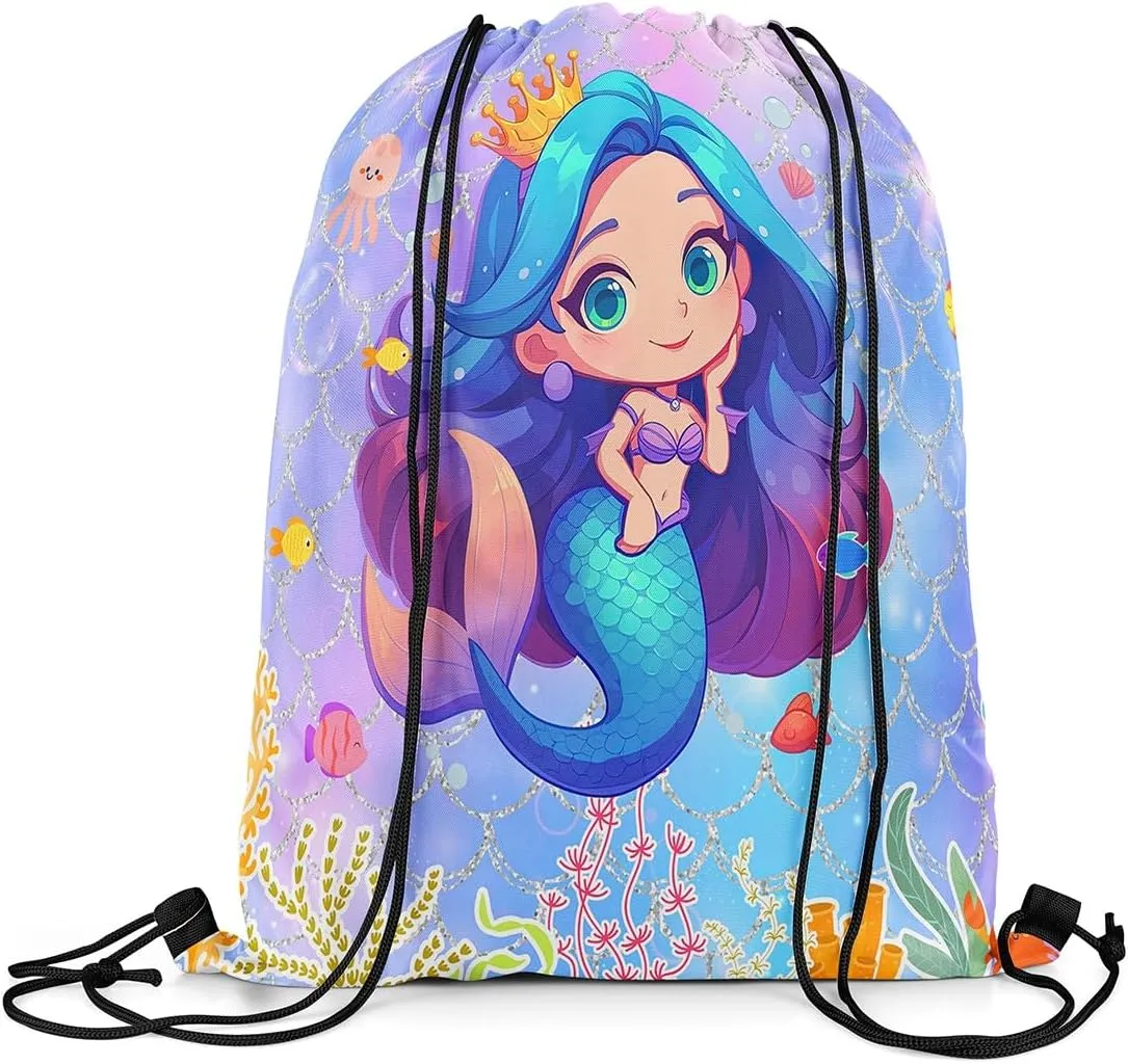 Erosebridal Cartoon Mermaid Cinch Bag 13X15.7 Purple Blue Fish Scales Print Drawstring Backpack Kawaii Rainbow Colorful String Backpack Funny Starfish Shell Drawstring Bags,Foldable
