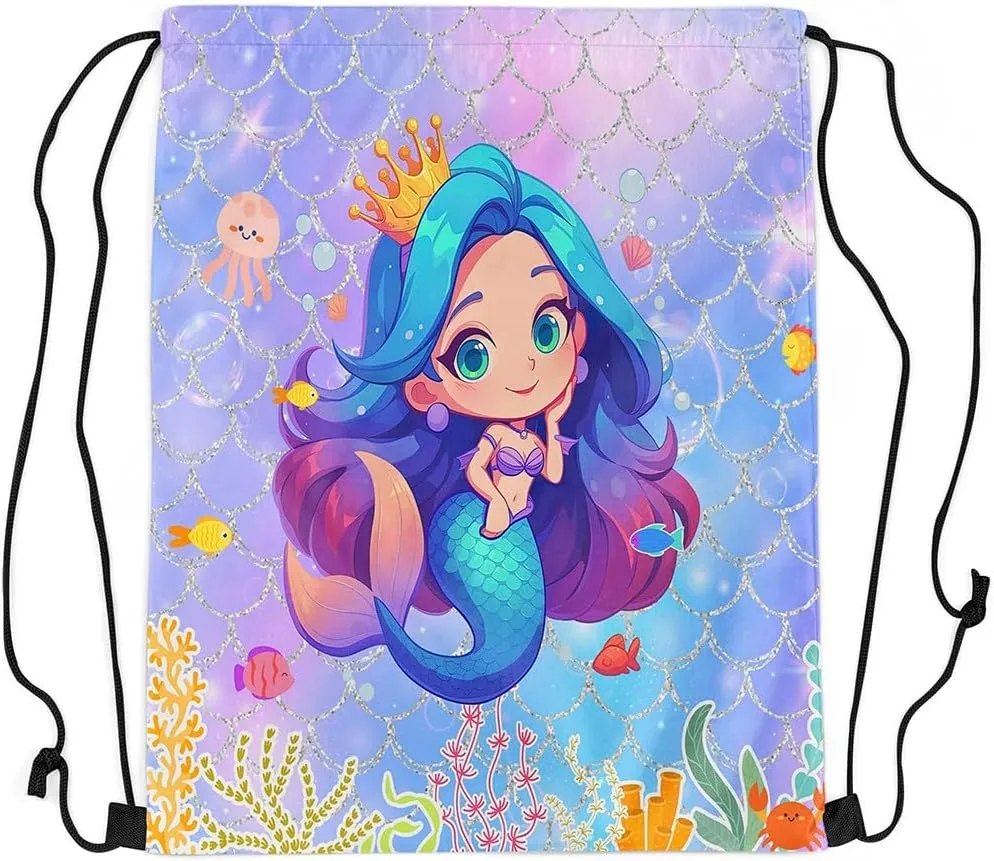 Erosebridal Cartoon Mermaid Cinch Bag 13X15.7 Purple Blue Fish Scales Print Drawstring Backpack Kawaii Rainbow Colorful String Backpack Funny Starfish Shell Drawstring Bags,Foldable