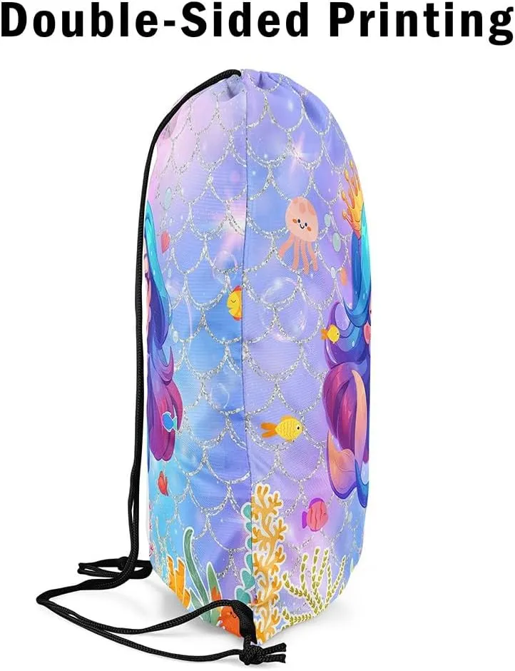 Erosebridal Cartoon Mermaid Cinch Bag 13X15.7 Purple Blue Fish Scales Print Drawstring Backpack Kawaii Rainbow Colorful String Backpack Funny Starfish Shell Drawstring Bags,Foldable
